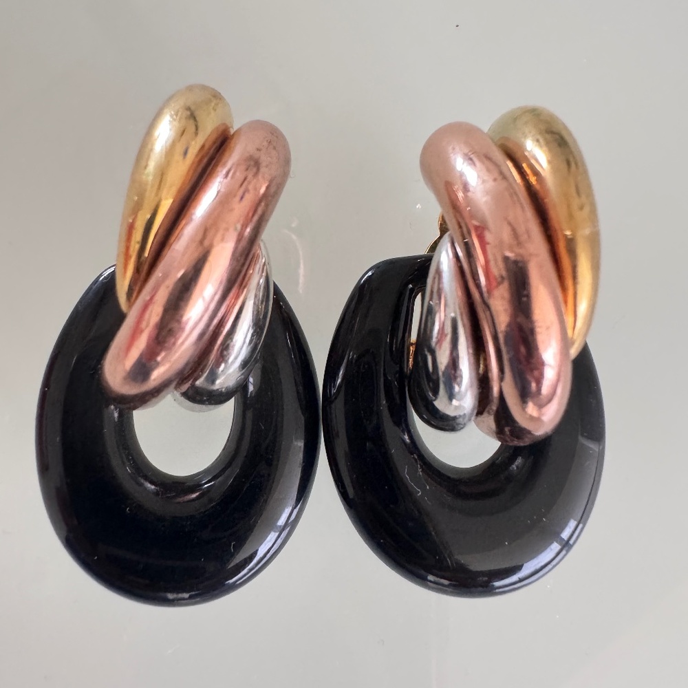 Joan Rivers Earrings Dangle Gold Plated 3 Color Door knocker Clip On  1.75in
